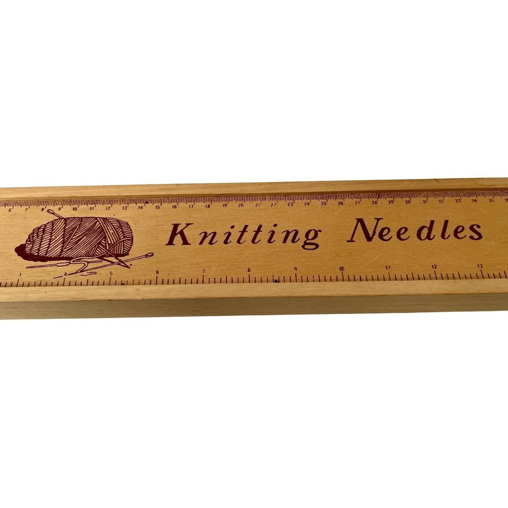 Vintage Wooden Knitting Needle Box with Ruler Lid and Assorted Aluminum Needles
